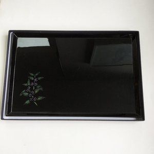 Asian Black Etched Berry Leaf Lacquer Rectangular Tray with Box and Cloth